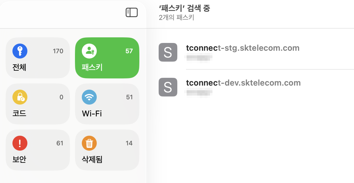 macOS 암호 앱에서 패스키 목록을 검색한 화면