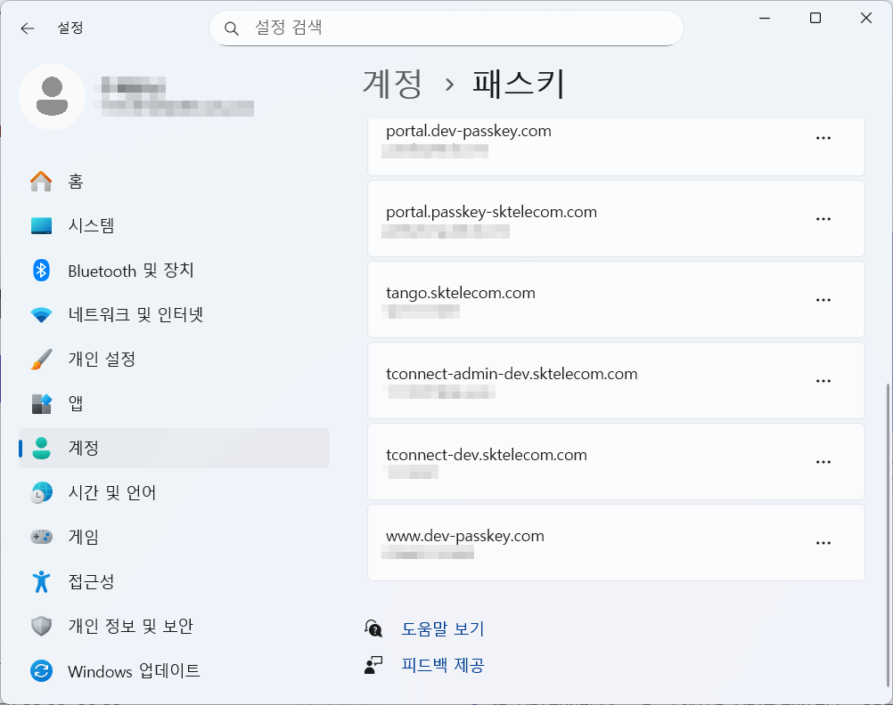 Windows 설정의 계정 > 패스키 화면